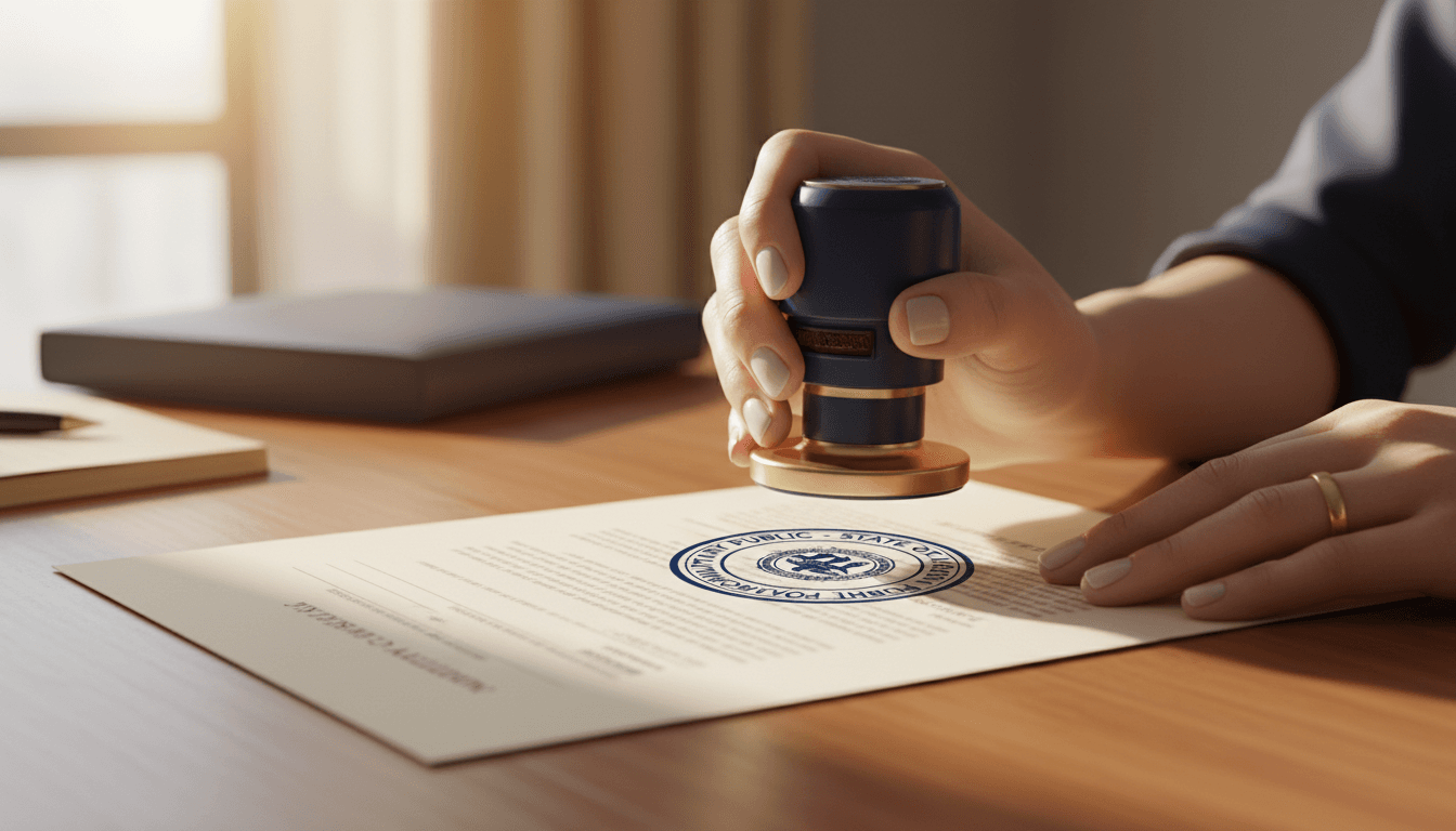 Notary stamp being applied to document with precision