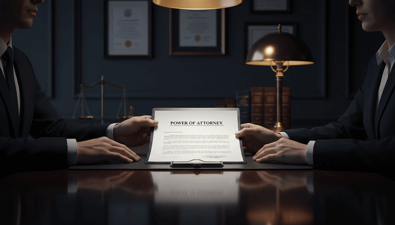 Professional reviewing power of attorney document in office