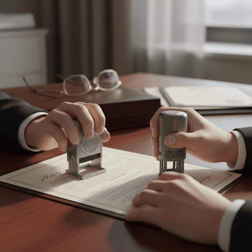Professional notary stamping and signing an important legal document on a luxury desk
