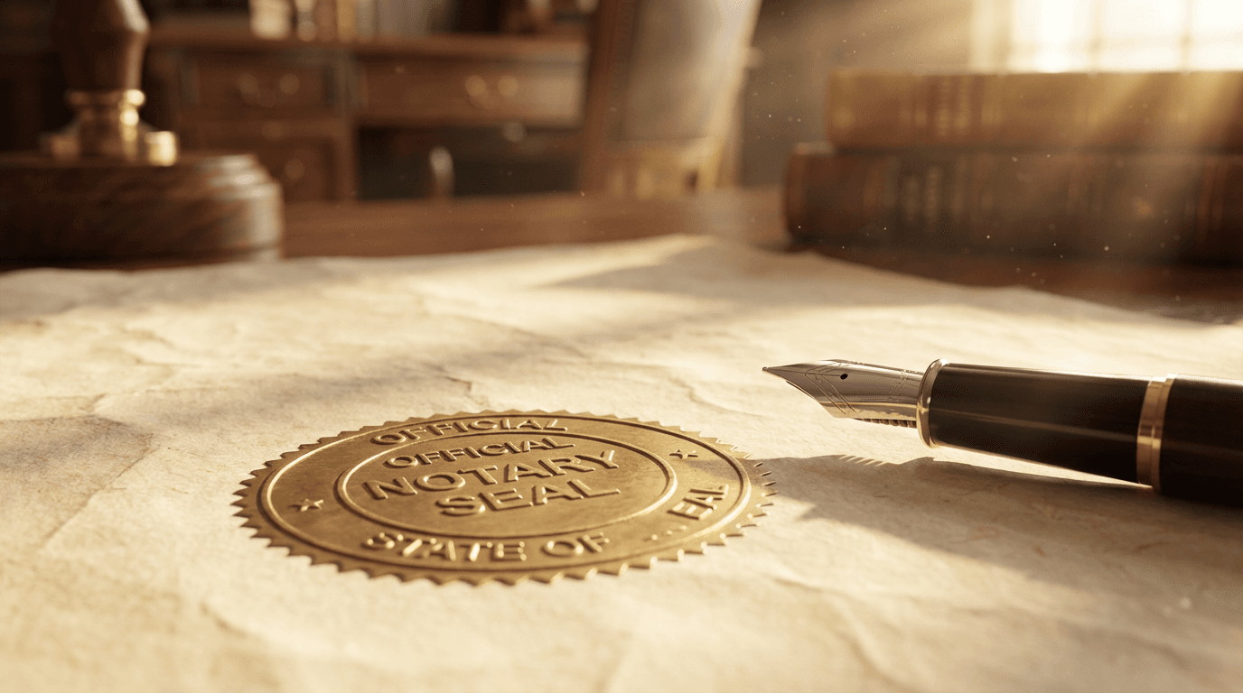 Professional notary stamping an important legal document with official seal