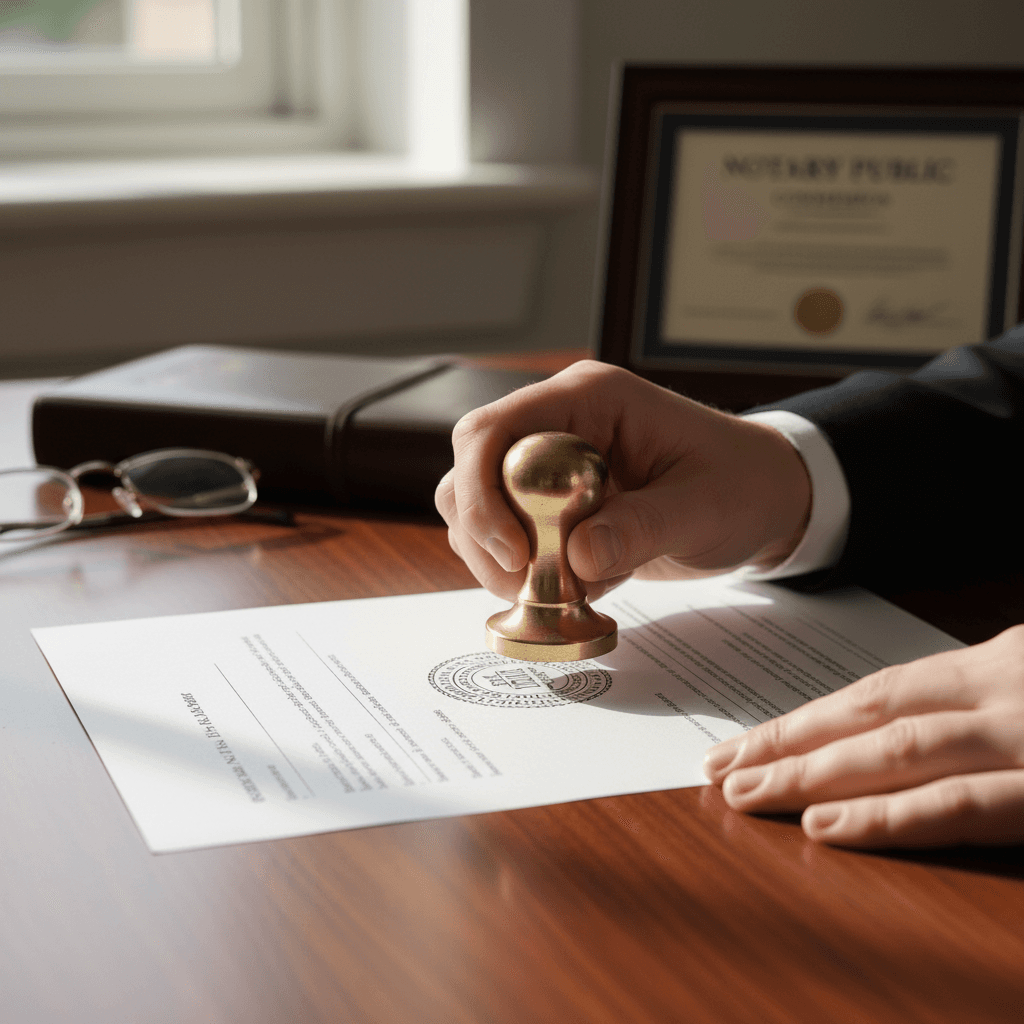 Notary stamp pressing onto official document