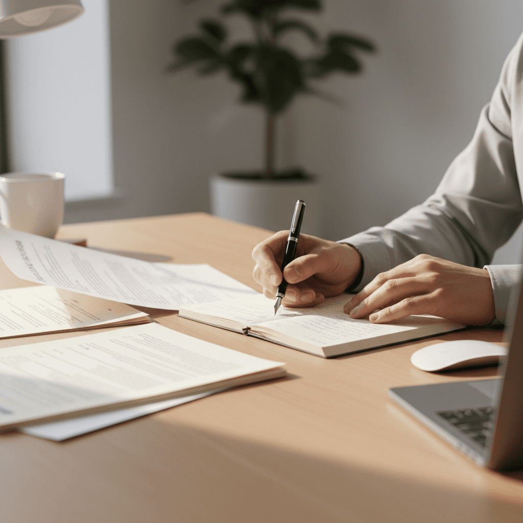 Professional preparing and reviewing documents before appointment