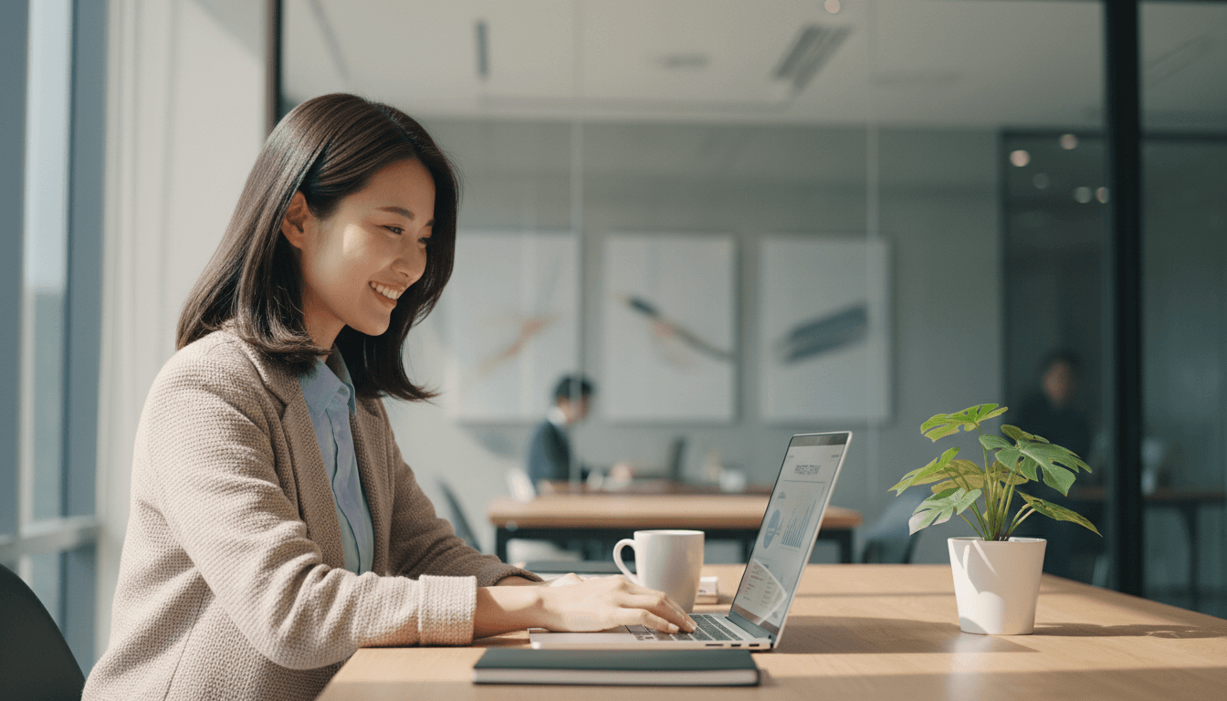 Professional woman holding notarized documents in office setting