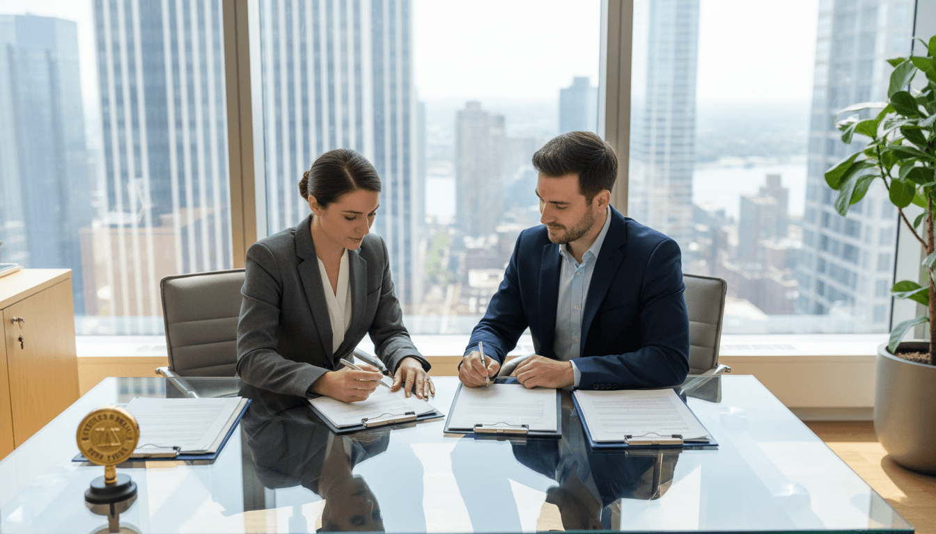 Notary public consulting with a business client over important documents in a professional office