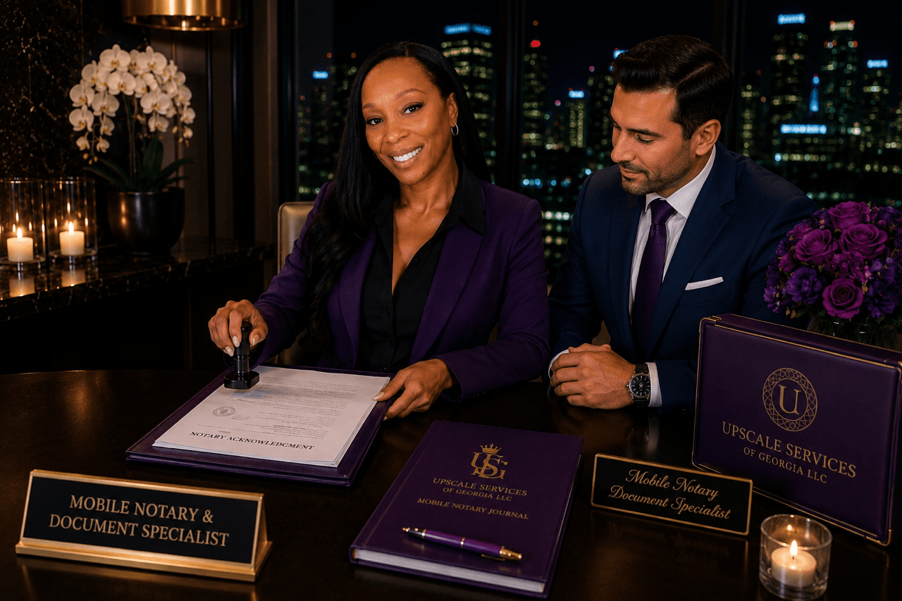 Woman in purple blazer stamps a notary document beside a man in a luxury office.