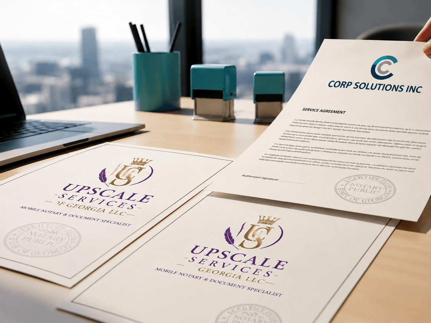 Notary documents for Upscale Services of Georgia LLC on a desk with city views.