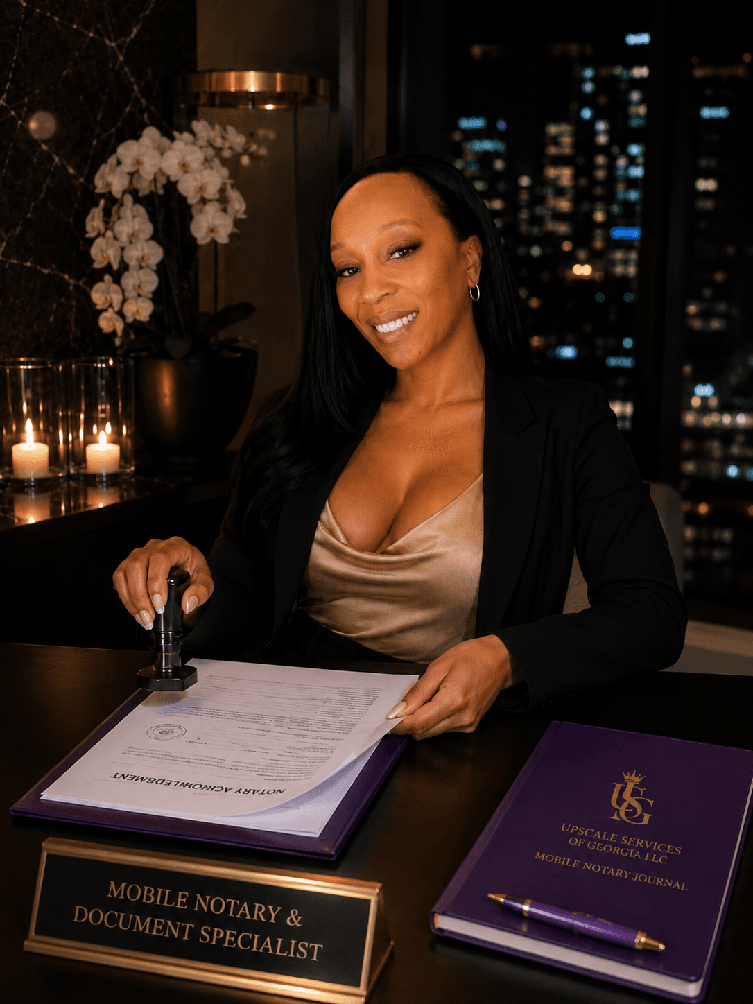 Smiling Black woman notary stamps documents at a desk overlooking a nighttime city skyline.