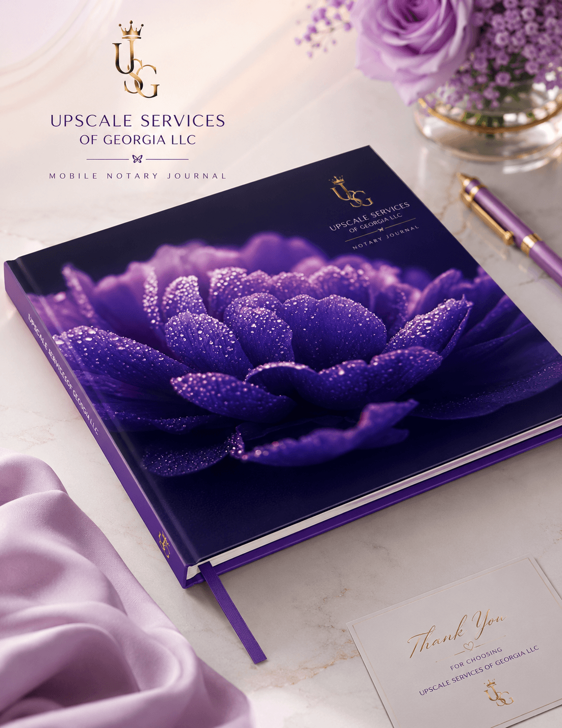 Purple notary journal with a dew-covered flower cover, matching pen, and elegant floral accents.